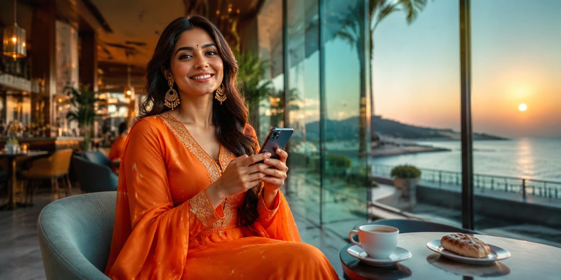 Happy Indian woman using mobile phone for betting deposit